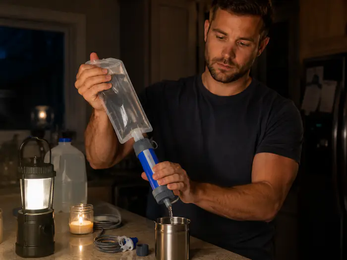 Man using the Survival Sip water filter in a dark kitchen during a power outage