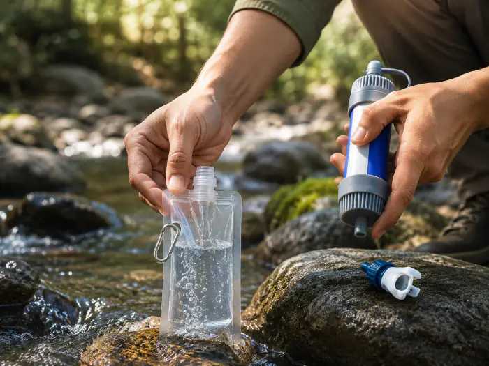 Step 1: filling the Survival Sip squeeze pouch from a stream