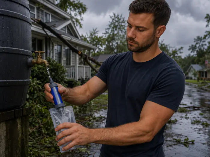 Man filtering rain-barrel water with the Survival Sip filter after a storm